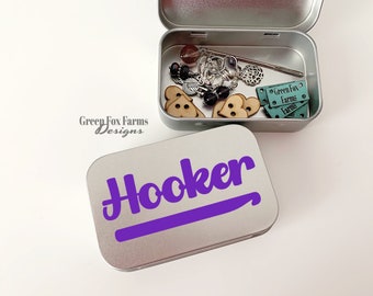 Stitch marker case, Funny crochet gift, HOOKER or KNIT WIT design Knitting notions tin, Funny knitting gift,