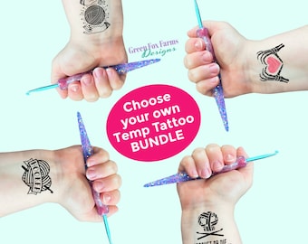 CUSTOM Temporary Tattoo Set for Yarn Lovers. CHOOSE your Fake Tattoo Bundle to wear as Crocheter or Knitter Body Art - or Gift for Mom!