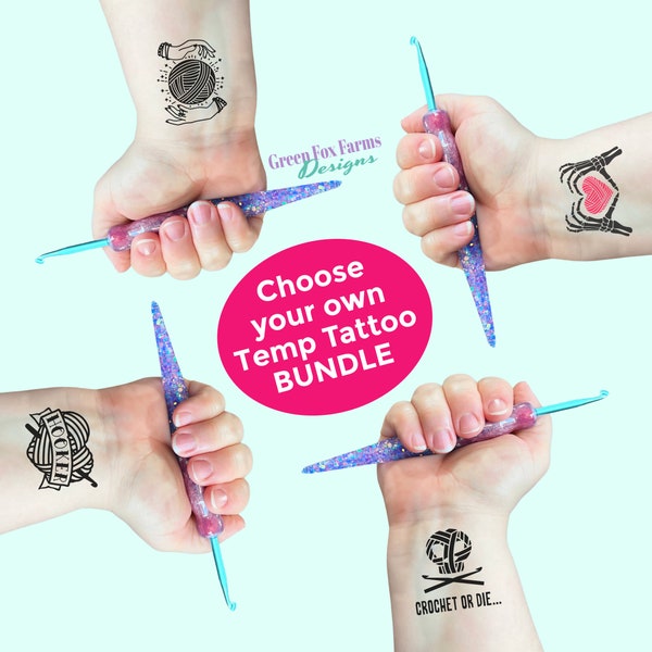 CUSTOM Temporary Tattoo Set for Yarn Lovers. CHOOSE your Fake Tattoo Bundle to wear as Crocheter or Knitter Body Art - or Gift for Mom!