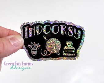 Indoorsy Crochet Glittter Decal, Funny Laptop Decal for Crocheter or Knitter, Holographic Glitter Sticker for Yarn Lovers