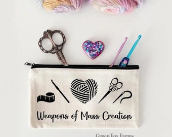 Crochet Zipper Pouch, Small Project Bag, Weapons of Mass Creation, Canvas Zip Pouch, Craft Storage Bag MADE to ORDER