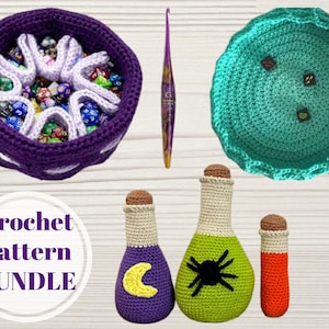 May include: Crochet pattern bundle featuring a purple dice bag, a teal crochet bowl, and three crocheted potion bottles with different designs. The text "Crochet Pattern Bundle" is in a white circle.