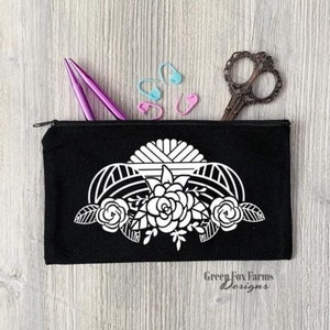 Flower Print Zipper Pouch for Crochet Hook Bag. Storage for Notions Zip Pouch. Black Knitting Notion Bag, Custom MADE to ORDER