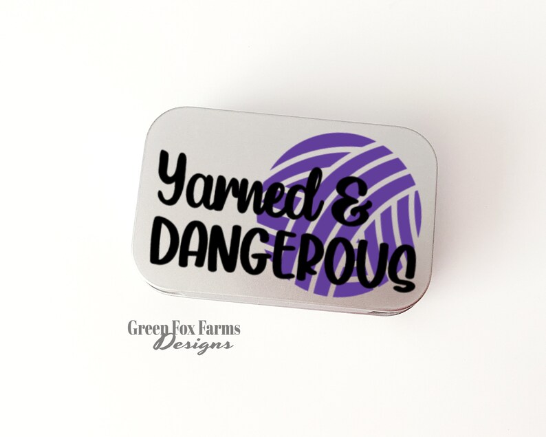 Yarned and Dangerous Notions Case, Progress Keeper Tin, Grandma Gift Knitting Notions Tin, Crocheter Gift, Craft Storage Stocking Stuffer Purple