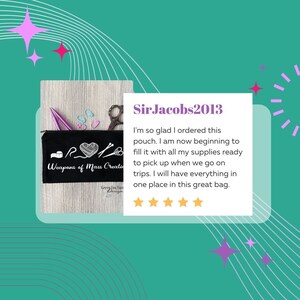 May include: Black zippered pouch with the text "Weapons of Mass Creation" and a graphic of yarn, needles, and scissors. The pouch is on a wooden surface. Five stars are shown below the text "Sir Jacobs2013".