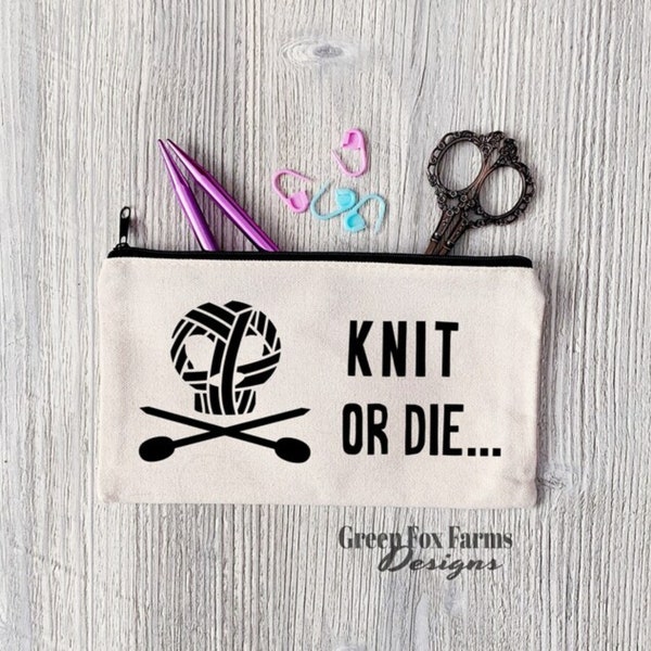 Knit or Die Edgy Custom Needle Case, Edgy Small Project Bag for Knitters and Crocheters, Crochet Hook Case MADE to ORDER