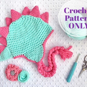 Dinosaur Hat Crochet Pattern, Children's Winter Beanie with Ear Flaps, Digital Download