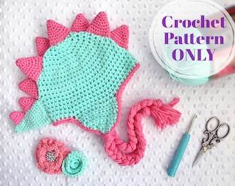 Dinosaur Hat Crochet Pattern, Children&#39;s Winter Beanie with Ear Flaps, Digital Download