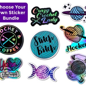 May include: A set of nine iridescent vinyl stickers featuring various crochet-themed designs. The stickers include a yarn ball with a crescent moon, a yarn ball with a hook, a yarn ball with hands, a yarn ball with a planet, a yarn ball with coffee, a yarn ball with the text "Stitch Bitch", a yarn ball with the text "Yarn is my Therapy", a yarn ball with the text "Crochet & Coffee", and a yarn ball with the text "Crazy Crochet Lady".