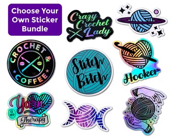 CUSTOM Sticker Set, Crocheter Stickers, Knitter Gift Decals, Holographic Decal, Vinyl Laptop Sticker CHOOSE your Decal Set