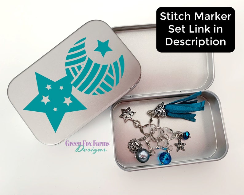 Celestial Tin Box Stitch Marker Keeper, Space Notions Tin, Crocheter Storage, Gift for Knitter, Night Sky Case, Boho Moon Tin image 9