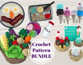 May include: Crochet pattern bundle featuring a variety of food items, including a plate of eggs and bacon, a tray of cookies, a basket of vegetables, a milk bottle, and several ice cream sundaes. The text "Crochet Pattern Bundle" is displayed in the center of the image.