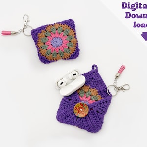May include: Two square crochet pouches with a purple, pink, green, and brown floral pattern. One pouch is closed with a metal keychain and pink tassel. The other is open, holding white wireless earbuds, featuring a wooden button and keychain.
