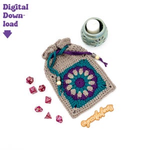 May include: A crocheted dice bag in gray, teal, and purple with a drawstring closure. The bag features a geometric design and is accompanied by several pink dice and a teal candle holder. The words "Digital Download" are visible.