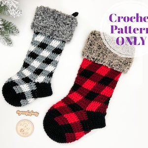 Buffalo Plaid Stocking Crochet Pattern, Rustic Christmas Stockings Pattern, Farmhouse Holiday Decor Digital Download ONLY