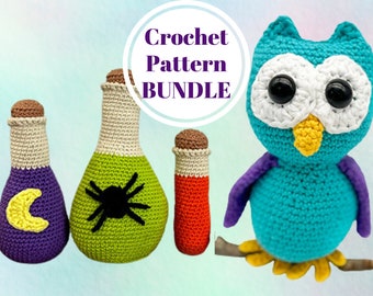 PDF Halloween Decorations SET Crochet Patterns! Magic Owl + Potion Bottles Dice Bags amigurumi wizard crochet pattern. Digital Download ONLY