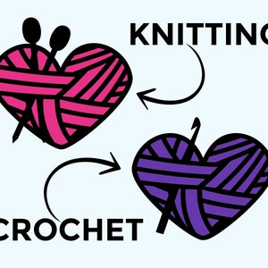 Puede incluir: Ilustraci&oacute;n de dos corazones, uno rosa y otro morado, que representan el tejido de punto y el ganchillo. El coraz&oacute;n rosa tiene agujas de tejer y el coraz&oacute;n morado tiene un gancho de ganchillo. El texto "TEJER" y "GANCHILLO" est&aacute; escrito sobre los corazones.
