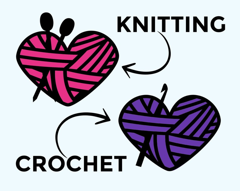 Puede incluir: Ilustraci&oacute;n de dos corazones, uno rosa y otro morado, que representan el tejido de punto y el ganchillo. El coraz&oacute;n rosa tiene agujas de tejer y el coraz&oacute;n morado tiene un gancho de ganchillo. El texto "TEJER" y "GANCHILLO" est&aacute; escrito sobre los corazones.