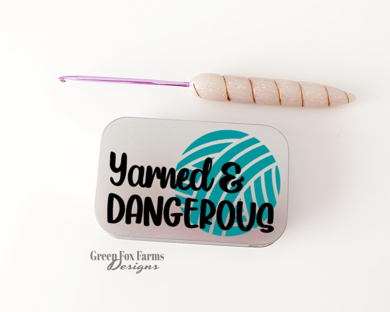 Yarned and Dangerous Notions Case, Progress Keeper Tin, Grandma Gift Knitting Notions Tin, Crocheter Gift, Craft Storage Stocking Stuffer Teal