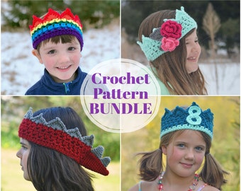 Crown 5 Pattern Bundle, Crochet Birthday Hat, Rainbow Headband, Flower Girl Crown, Dinosaur Birthday, First Birthday Crown Digital Download