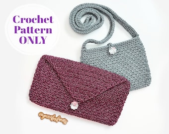 May include: Two crocheted handbags, one in a burgundy color and one in a gray color. Both bags have a button closure and a long strap. The text "Crochet Pattern ONLY" is visible in the image.