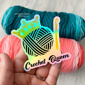 Crochet Queen Decal Holographic Sticker, Yarn Lover Gift, Laptop Decal, Holo Sticker, Yarn Ball Decal, Crocheter Gift image 2