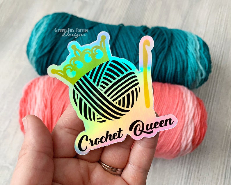Crochet Queen Decal Holographic Sticker, Yarn Lover Gift, Laptop Decal, Holo Sticker, Yarn Ball Decal, Crocheter Gift image 2
