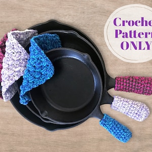 May include: Three crocheted pot holders in purple, lavender, and blue, with a black cast iron skillet in the background. Crochet Pattern ONLY.