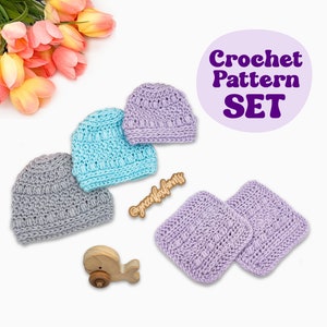 May include: A set of crochet patterns for making hats and squares. The hats are in grey, light blue, and purple. The squares are purple. The patterns are available for download. @greenforkfarms