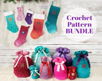 Christmas Crochet Pattern Bundle, Christmas Stocking in 3 Sizes, Holiday Gift Bags in 4 Sizes, Crochet Home Decor Patterns Digital Download