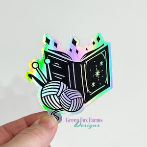 Books and Yarn Sticker Holographic Decal, Waterproof Laptop Sticker for Knitters and Crocheters