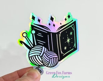 Books and Yarn Sticker Holographic Decal, Waterproof Laptop Sticker for Knitters and Crocheters