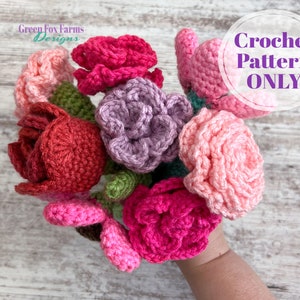 Flowers Amigurumi Pattern, Crochet Pattern for Flower Bouquet and Vase, Crochet Daisy, Rose, Tulip, Carnation, Digital Download ONLY