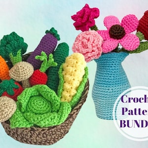 PDF Market Vegies & Flowers Crochet Pattern BUNDLE. Bouquet and Food Amigurumi Patterns for pretend play. Digital Download ONLY