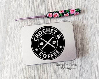 Coffee and Crochet XL Tin, Funny Notions Case for Knitter or Crocheter, Large Craft Storage Tin for Coffee Lovers and Yarn Lovers