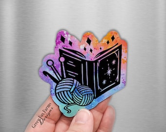 Books and Yarn Refrigerator Magnet, Mystical Book Nerd Colorful Magnet for Knitters, Crocheters, and Yarn Lovers
