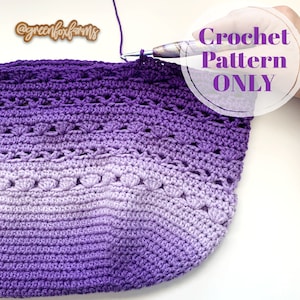 May include: A close-up of a purple and white crochet bag with a crochet hook and yarn. The text "Crochet Pattern ONLY" is visible in the image.