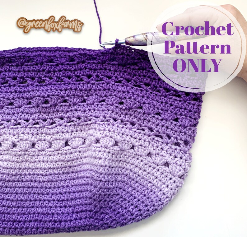 May include: A close-up of a purple and white crochet bag with a crochet hook and yarn. The text "Crochet Pattern ONLY" is visible in the image.