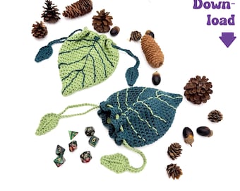 Leaf Dice Bag Crochet Pattern, Nature Druid RPG Trinket Pouch, PDF D&D ttrpg Storage Digital Download