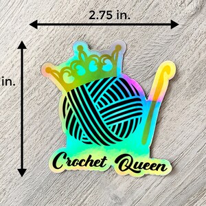 Crochet Queen Decal Holographic Sticker, Yarn Lover Gift, Laptop Decal, Holo Sticker, Yarn Ball Decal, Crocheter Gift image 3