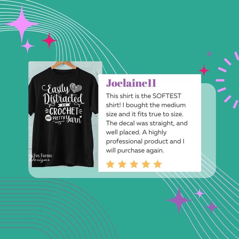 May include: Black t-shirt with white text that reads "Easily Distracted by Crochet and Pretty Yarn". The shirt features a small white heart with a crochet hook inside. A customer review states that the shirt is soft and fits true to size. The review also mentions that the decal is straight and well placed.
