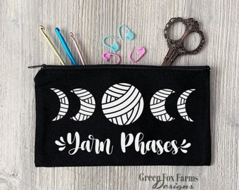 Yarn Phases Zipper Pouch, Crochet Hook Bag, Moon Phases Case, Yarn Lover Gift, Knitting Notions Bag, Celestial Zipper Bag