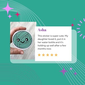May include: A teal blue yarn ball sticker with a cute cartoon face. The sticker is on a white background and has a five-star rating.