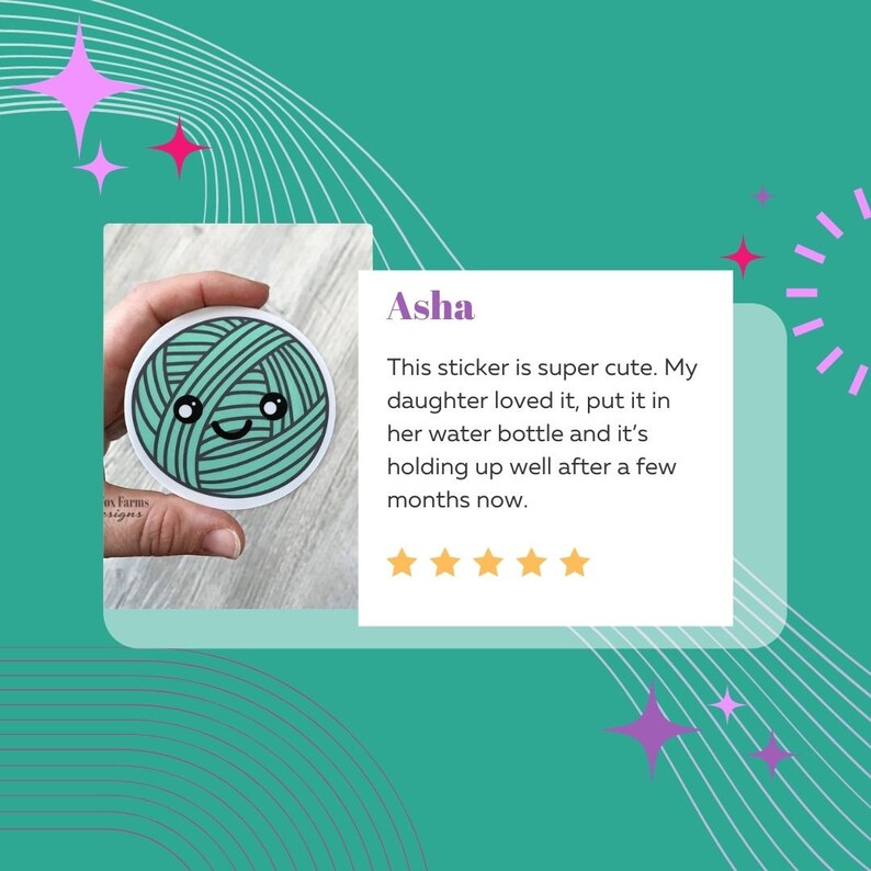 May include: A teal blue yarn ball sticker with a cute cartoon face. The sticker is on a white background and has a five-star rating.
