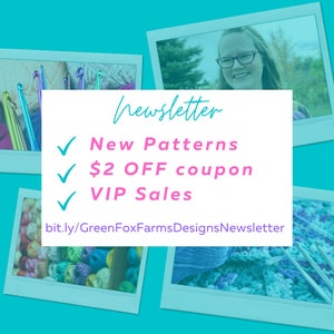 May include: A colourful image with a newsletter announcement for new crochet patterns, a &pound;2 off coupon, and VIP sales. The image includes photos of yarn, crochet hooks, and a person crocheting.