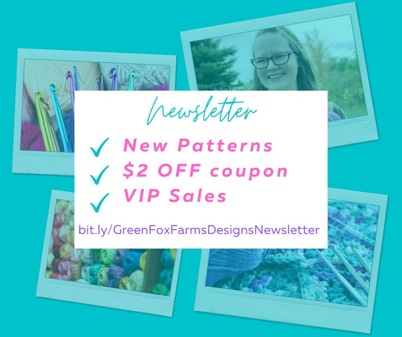 May include: A colourful image with a newsletter announcement for new crochet patterns, a &pound;2 off coupon, and VIP sales. The image includes photos of yarn, crochet hooks, and a person crocheting.