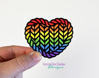 Knitted Pride Heart Decal, Rainbow Heart Sticker, Pride Flag Decal for Crocheters and Knitters, Yarn Lover Rainbow Decal Laptop Sticker
