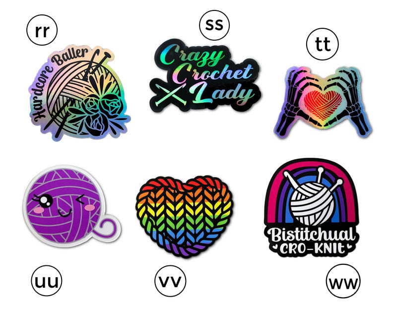 May include: Nine iridescent vinyl stickers with different designs related to crocheting and knitting. The stickers feature a rainbow heart, a rainbow yarn ball, a yarn ball with a face, a rainbow heart with yarn, a rainbow yarn ball with a rainbow, a yarn ball with needles, a yarn ball with flowers, a skeleton hand holding a yarn heart, and a text that says "Crazy Crochet Lady".