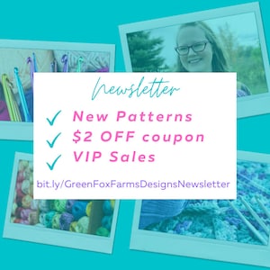 May include: A colorful image with a newsletter announcement for new crochet patterns, a $2 off coupon, and VIP sales. The image includes photos of yarn, crochet hooks, and a person crocheting.