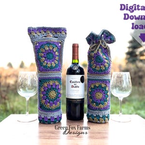May include: A bottle of red wine is flanked by two crocheted wine bottle covers. The covers are purple, teal, and gray with a floral design. Two wine glasses sit on either side of the wine bottle. The words "Digital Download" are in the upper right corner.